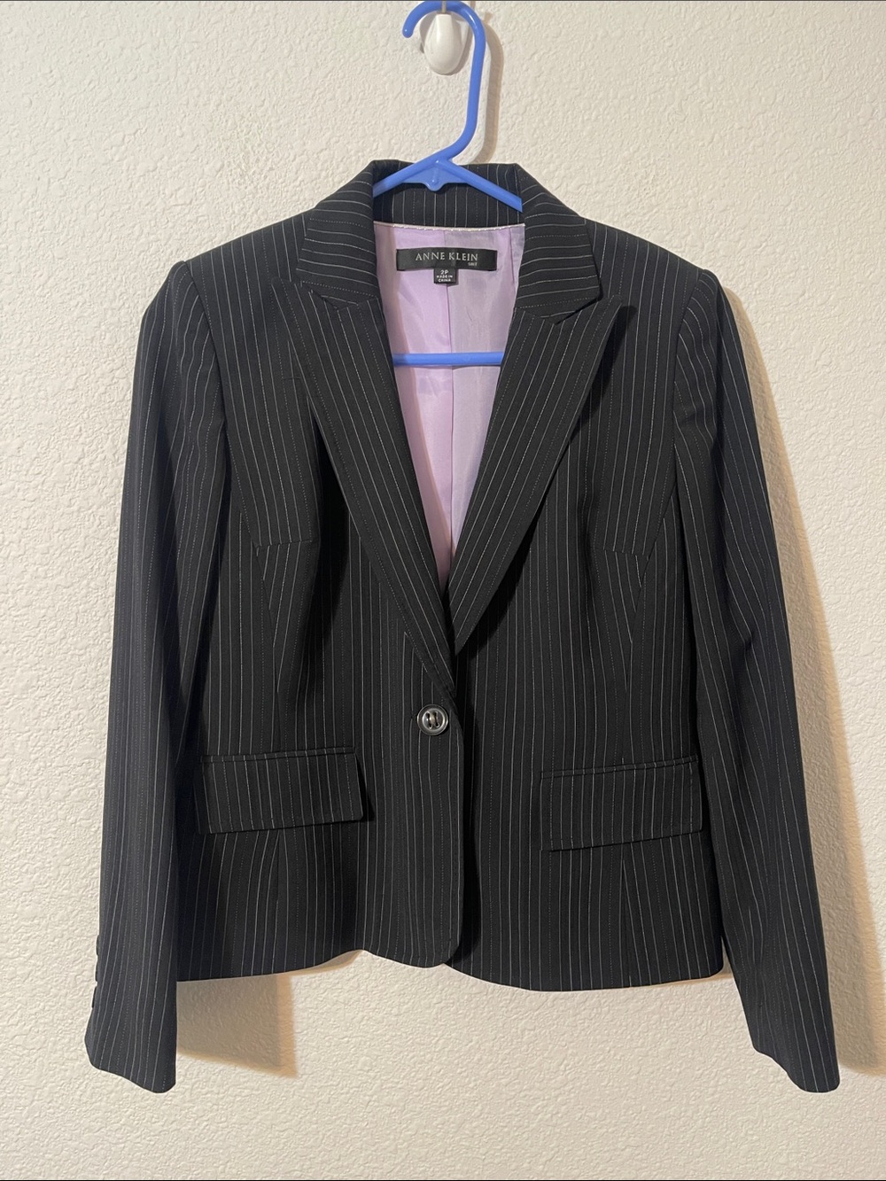 Anne Klein Black Pinstripe Blazer with Light Purple Lining